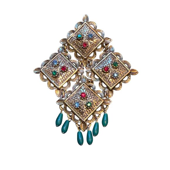 Sarah Coventry Gold Brooch Blue Red & Green Rhinestones Articulated - Picture 1 of 6